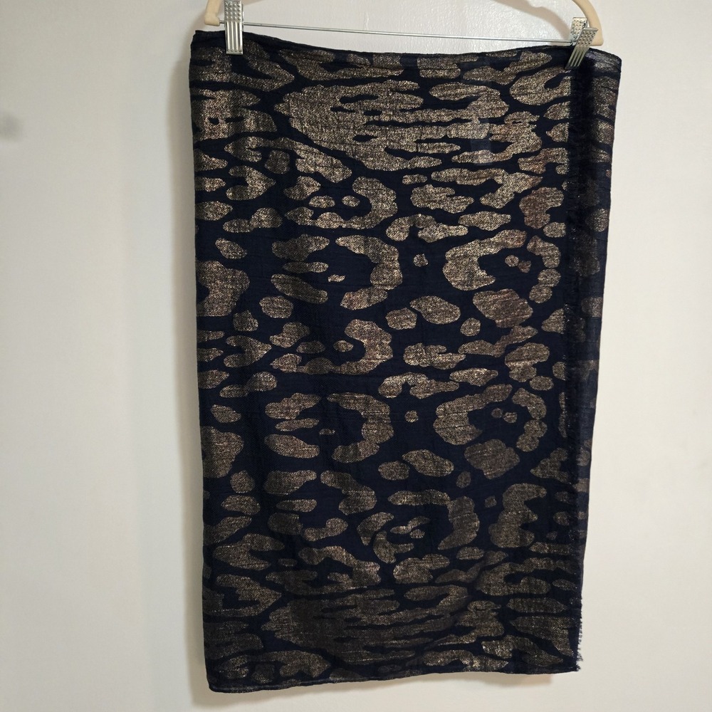 Chico's Navy Blue with Golden Abstract Print Oblong Fringed Scarf Wrap 72x28 in